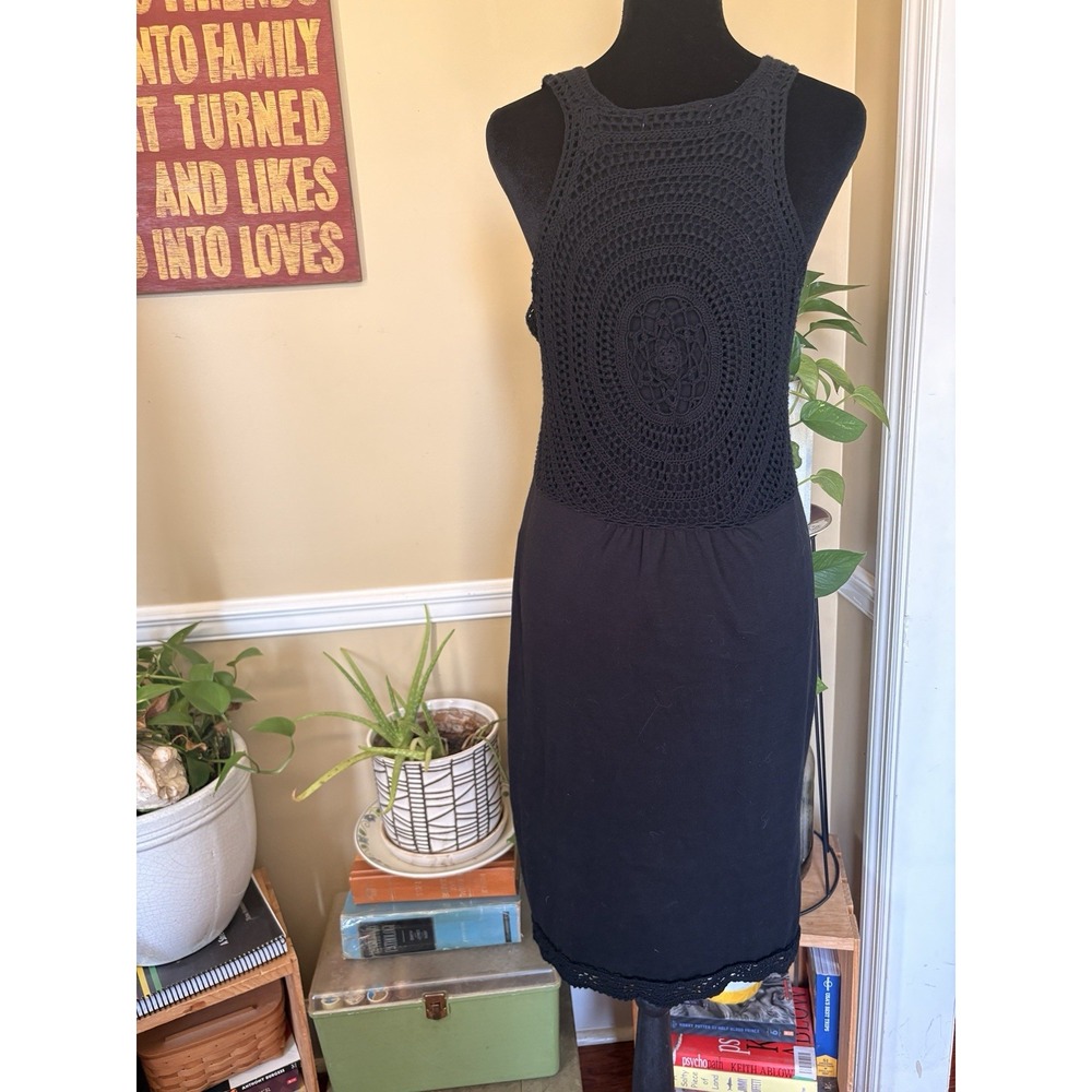 Dakini Black Cotton Crochet Back Midi Tank Dress Size Medium Boho Festival